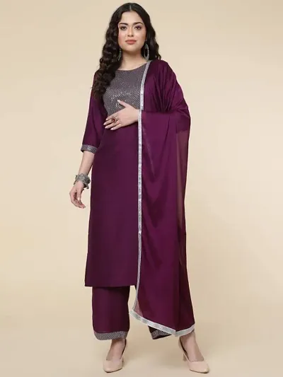 Stylish Cotton Blend Embroidered Kurta Bottom Dupatta Set