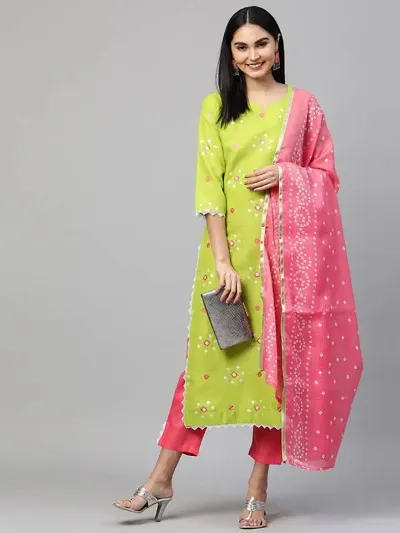 Stylish Embroidered Cotton Blend Kurta with Bottom and Dupatta Set