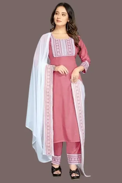 Stylish Cotton Blend Embroidered Kurta Bottom Dupatta Set