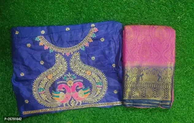 Stylish Pink Cotton Blend Saree with Blouse piece For Women