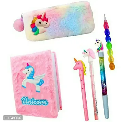 6pcs Unicorn Stationery Gift Set for Girls, Birthday Party Return Gift, Party Favor Gift for Kids Unicorn Fur Pouch Diary with Complete Stationery, Unicorn School Stationery Set