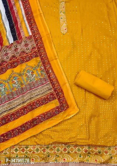 Designer Yellow Cotton Unstitched Dress Material Top With Bottom Wear And Dupatta Set for Women-thumb0