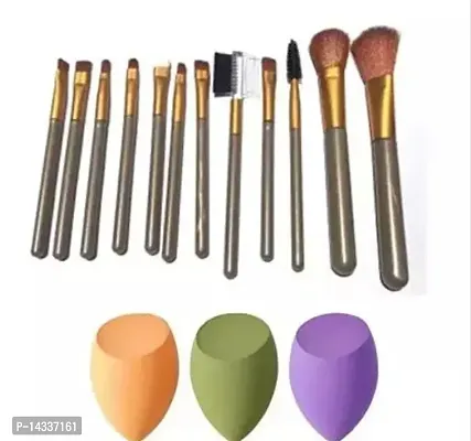 Fancy 12Pcs Professional Make-Up Brushes + 3 Blender Puff(Color May Vary)