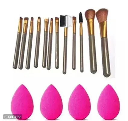 Fancy 12Pcs Professional Make-Up Brushes + 4 Blender Puff(Color May Vary)