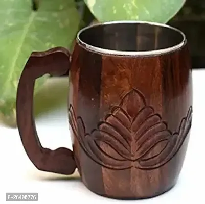 Stylish Wooden Mug With Stainless Steel Glass Insert For Home Decor-thumb0