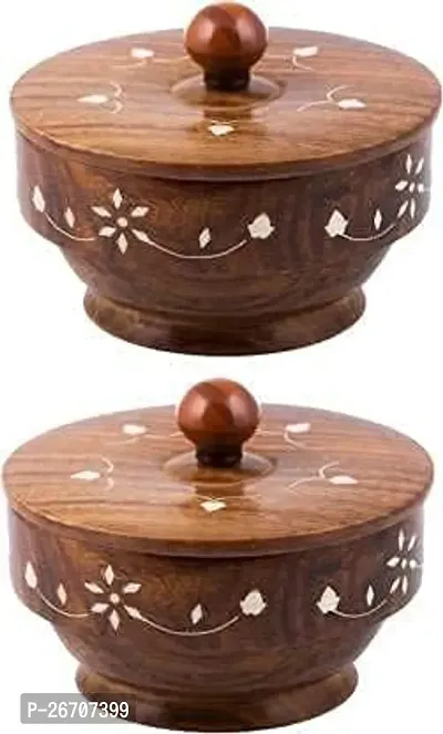 Royal Antique - Wooden Decorative Bowls for Kitchen and Home Decor, Handmade Wooden Bowls for Rice, Soup, Dip, Salad, Decoration - Wooden Round Shaped Bowl with Lid | Set of 2-thumb0