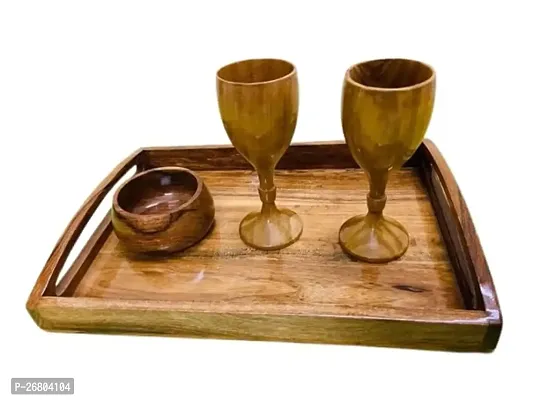 Royal Antique Acacia Wooden Serving Tray with Glass  Cup Platter Multipurpose Tray | Serving Tray for Breakfast, Tea Serving, Table Deacute;cor Tray (1)
