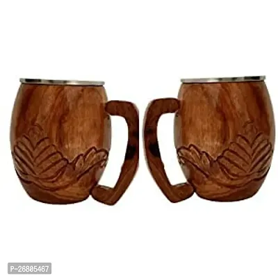 Royal Antique - Wooden 2 Coffee Mug | Multipurpose Mug for Serving Coffee, Tea, Milk, Beer | with Steel Inside Handcarved in Natural Sheesham Wood | Showcase Items for Home Decoration