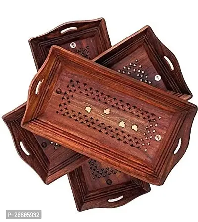 Wooden Serving Trays with Handles | Platter for Home | Multipurpose Tray | Platters for Serving Cakes, Pastries, Snacks, Breakfast, Coffee Table, Party | Gift Item Tray Set of 3 for Kitchen-thumb0