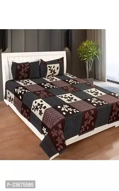 Comfortable Polycotton Printed Queen 1 Bedsheet + 2 Pillowcovers-thumb0