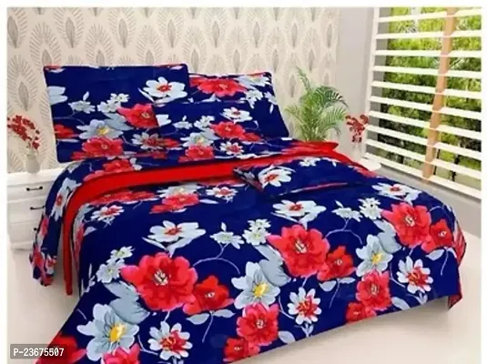 Comfortable Polycotton Printed Queen 1 Bedsheet + 2 Pillowcovers-thumb0