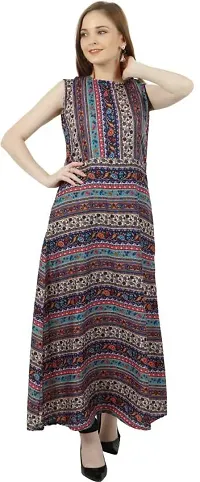 CoFo Women Crepe Printed Fit and Flared Sleeveless Dress | Long Dress for Women and Girls-thumb1