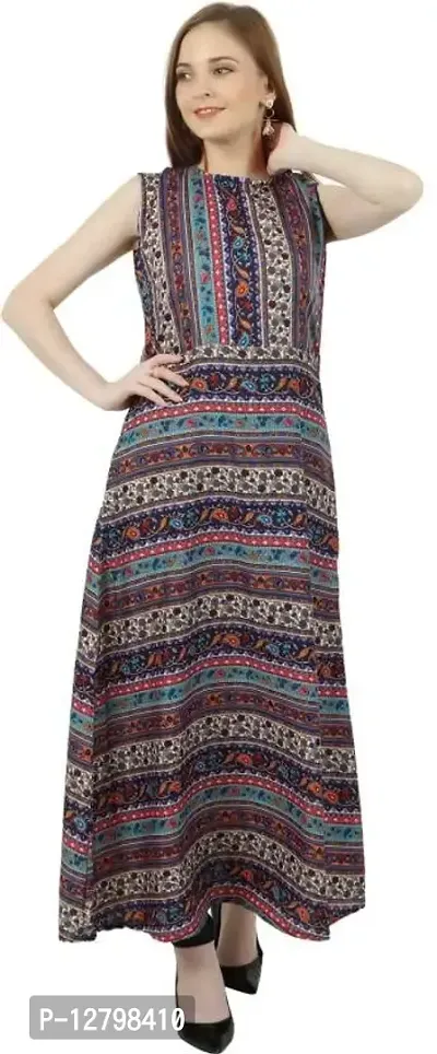 CoFo Women Crepe Printed Fit and Flared Sleeveless Dress | Long Dress for Women and Girls-thumb2