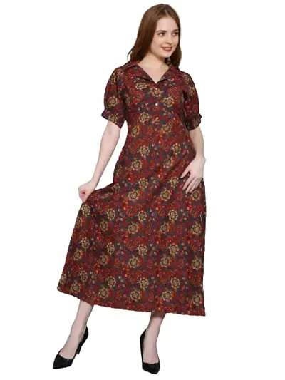 CoFo Women's A-Line Floral Midi/Calf Length Dress (X-Large) Maroon