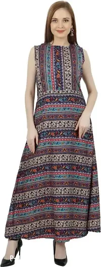 CoFo Women Crepe Printed Fit and Flared Sleeveless Dress | Long Dress for Women and Girls-thumb0