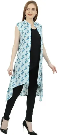 CoFo Women Cotton Floral Print Short Sleeves Open Front Regular Fit Long Shrug for Women (Light Blue) (Medium)-thumb3