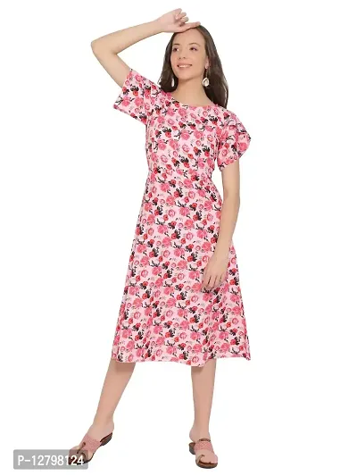 CoFo Women Frill Maxi Dress/Women's Pink Crepe A-Line Floral Printed Maxi Dress