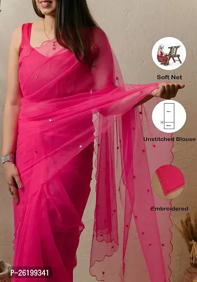 Net Pink Embroidered Saree with blouse