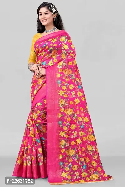 Yellow Printed Cotton Blend Saree