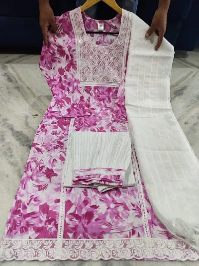 Stylish Printed Cotton Kurta, Bottom And Dupatta Set For Women