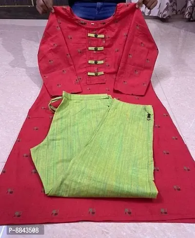 Stylish Fancy Khadi Cotton Printed Three-Quarter Sleeves Kurti With Pant Set For Women-thumb0