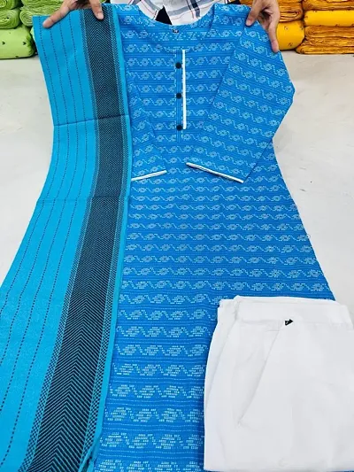 Fancy Cotton Blend A-Line Self Design Kurta with Bottom and Dupatta Set