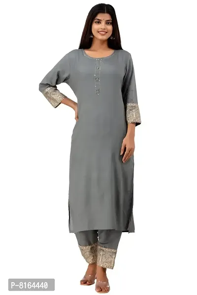 Women's Rayon Katha Work Kurta with Pant  Dupatta Set with Printed-thumb5