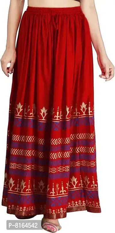 KURTISKIRTS Girls and Women Gold Printed Rayon Skirt-White (Free Size, RED)-thumb4