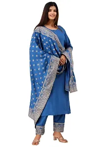 Women's Rayon Katha Work Kurta with Pant  Dupatta Set with Printed (Medium, Blue)-thumb3