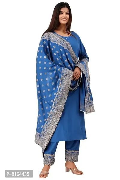 Women's Rayon Katha Work Kurta with Pant  Dupatta Set with Printed (Medium, Blue)-thumb4