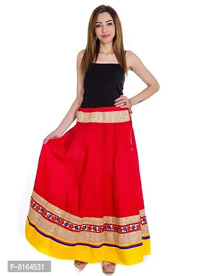 KURTISKIRTS Girls and Women ZARI Work KAMER Border Rayon -Skirt-Black (Free Size, RED)-thumb2