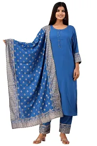 Women's Rayon Katha Work Kurta with Pant  Dupatta Set with Printed-thumb1