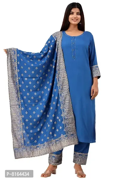 Women's Rayon Katha Work Kurta with Pant  Dupatta Set with Printed-thumb2