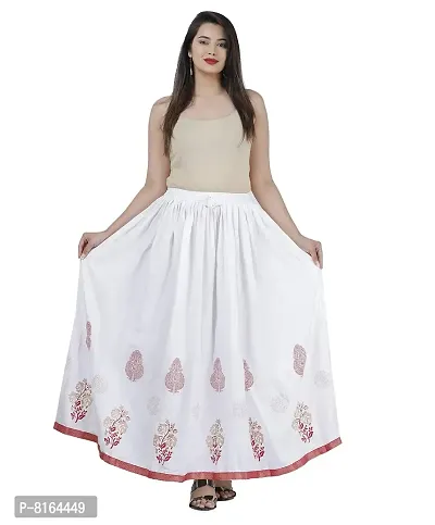 KURTISKIRTS Women and Girls Gold Printed Rayon Skirt-White (Free Size, White)