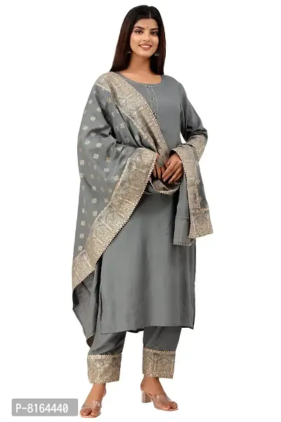 Women's Rayon Katha Work Kurta with Pant  Dupatta Set with Printed-thumb4