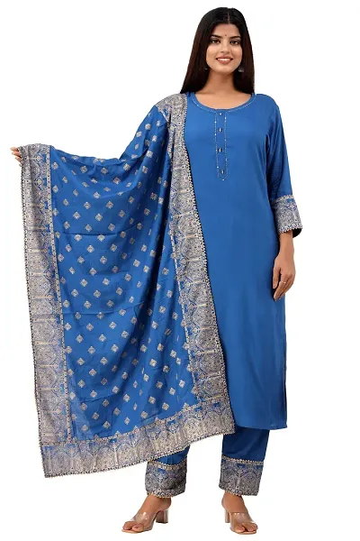 Stylish Rayon Solid A-Line Kurta Bottom Dupatta Set