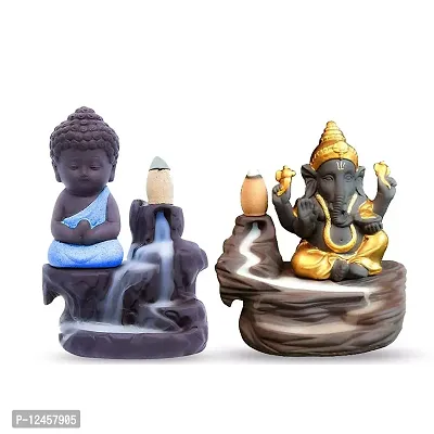 Buddha Ganesha Combo Fountain Backflow Waterfall Cone Incense Holder Showpiece (SkyBlue And Gold)