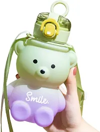 Cute Bear Water Bottle with Straw, Kawaii Bear Shape Leakproof BPA Free Drinking Water Bottle, Plastic Portable Drinking Bottle for Women Girls Toddler Kids 800 ML(Green  Purple)-thumb1