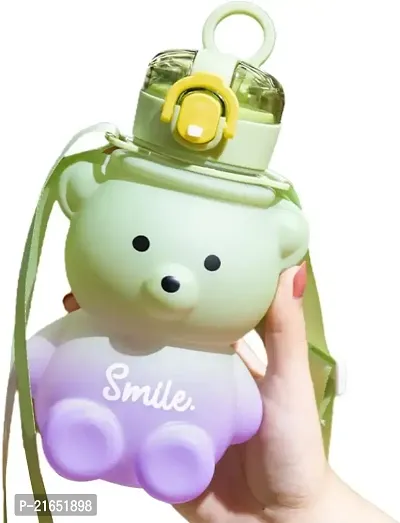 Cute Bear Water Bottle with Straw, Kawaii Bear Shape Leakproof BPA Free Drinking Water Bottle, Plastic Portable Drinking Bottle for Women Girls Toddler Kids 800 ML(Green  Purple)-thumb2