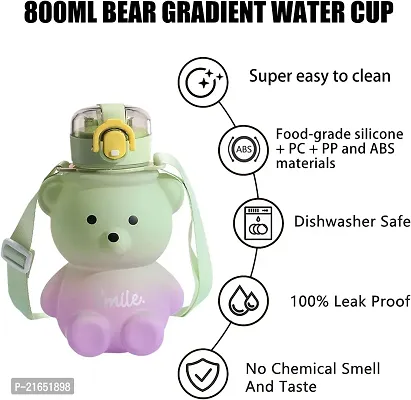 Cute Bear Water Bottle with Straw, Kawaii Bear Shape Leakproof BPA Free Drinking Water Bottle, Plastic Portable Drinking Bottle for Women Girls Toddler Kids 800 ML(Green  Purple)-thumb5