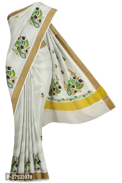 Traditional Kerala Kasavu Cotton Saree With Running Blouse (Embroidery Saree)