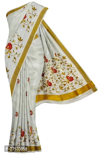 Traditional Kerala Kasavu Cotton Saree With Running Blouse (Embroidery Saree)-thumb0