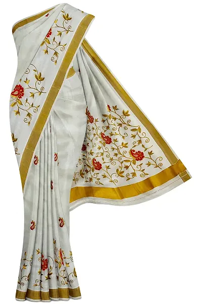 Traditional Kerala Kasavu Saree With Running Blouse (Embroidery Saree)