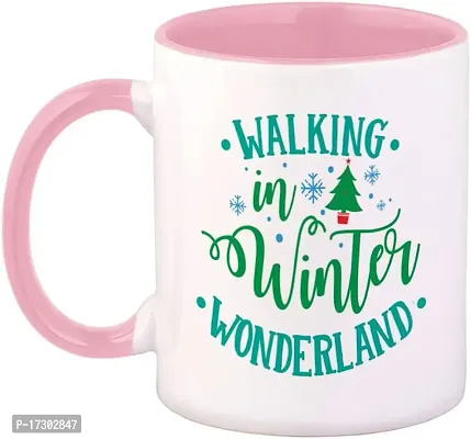 APSRA Ceramic Colorful Coffee Mug 11 Ounces Walking in Winter Wonderland Tea Cup Snowflakes Pink Inner Handle-thumb0