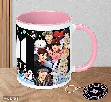 APSRA BTS Printed Mug with Keychain for Girls Boys Friends Coffee Mug for Birthday Gift| BTS Music Band V Suga J-Hope Jungkook Jin Jimin Rm BTS Coffee Mug (Mug-350ml) (BN3PMK6)