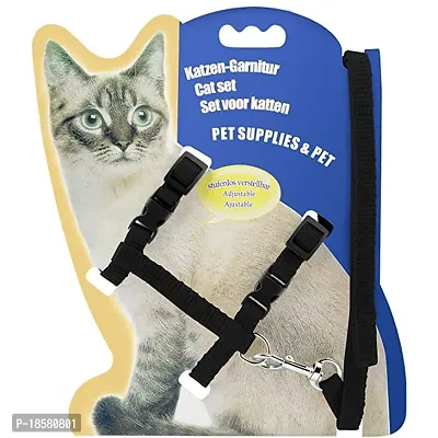 Cat Adjustable Nylon Harness Strap Collar with Leash Set Small Pet Walking for Kitten- Plain (Black)-thumb0