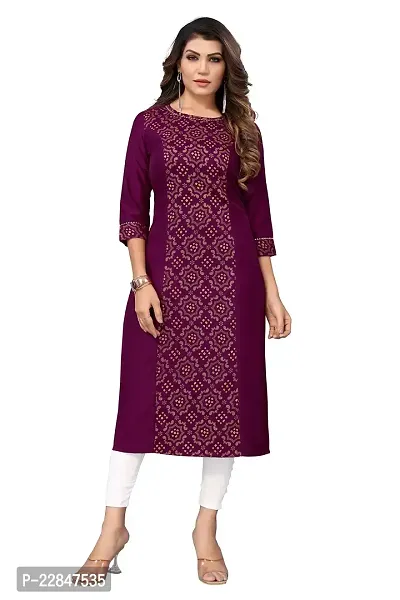 SANCHAY Beautiful Round Neck Plain Self Printed 100% Pure Cotton Straight Stiched Kurti Gown with Blew Knee Three Quarter Sleeves for Girls and Women Pack of 1 Size:-thumb0