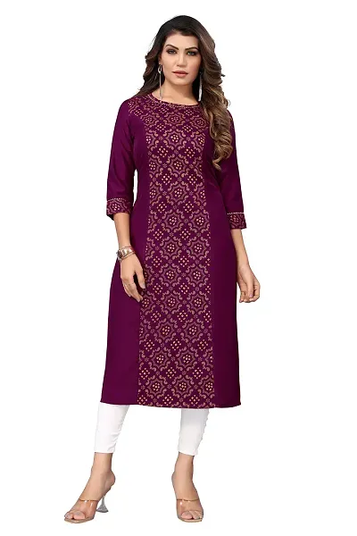 SANCHAY Beautiful Round Neck Plain Self Printed 100% Pure Cotton Straight Stiched Kurti Gown with Blew Knee Three Quarter Sleeves for Girls and Women Pack of 1 Size: