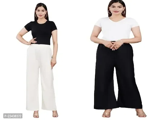 Dua Fashion Hub Plain Multicoloured Women's Straight fit Rayon Palazzo Pants (Free Size Combo Pack of 2) (White+Black)-thumb0