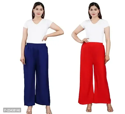 Dua Fashion Hub Plain Multicoloured Women's Straight fit Rayon Palazzo Pants (Free Size Combo Pack of 2) (Red + Dark Blue)